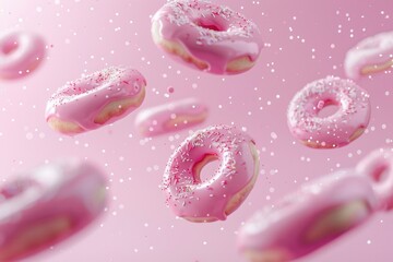 Colorful pink donuts with sprinkles flying in the air. Perfect for bakery or dessert themed designs