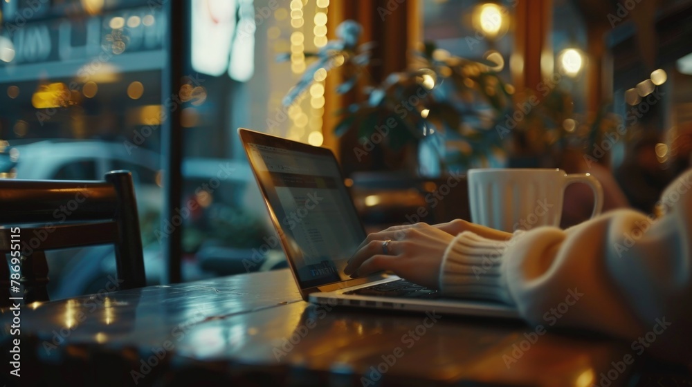 Aufkleber a person sitting at a table working on a laptop. ideal for business or technology concepts