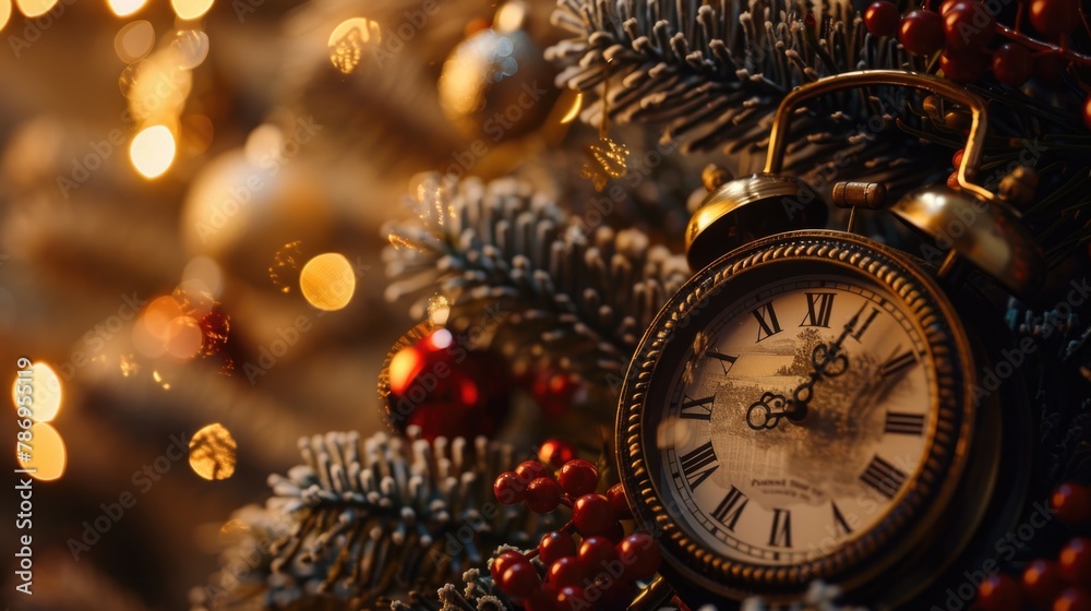 Poster close-up of a clock on a festive christmas tree. perfect for holiday concepts