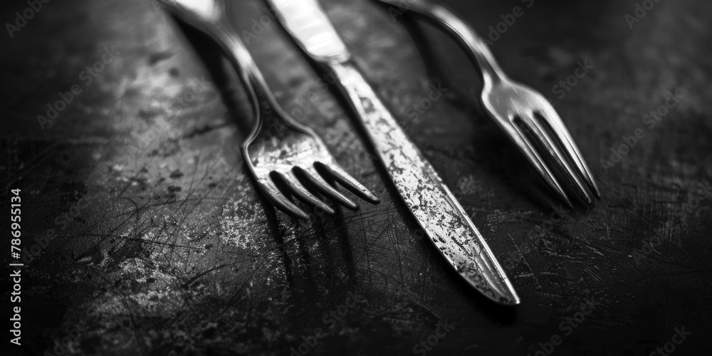 Poster A simple table setting with two forks and a knife. Ideal for restaurant menus or kitchen design concepts