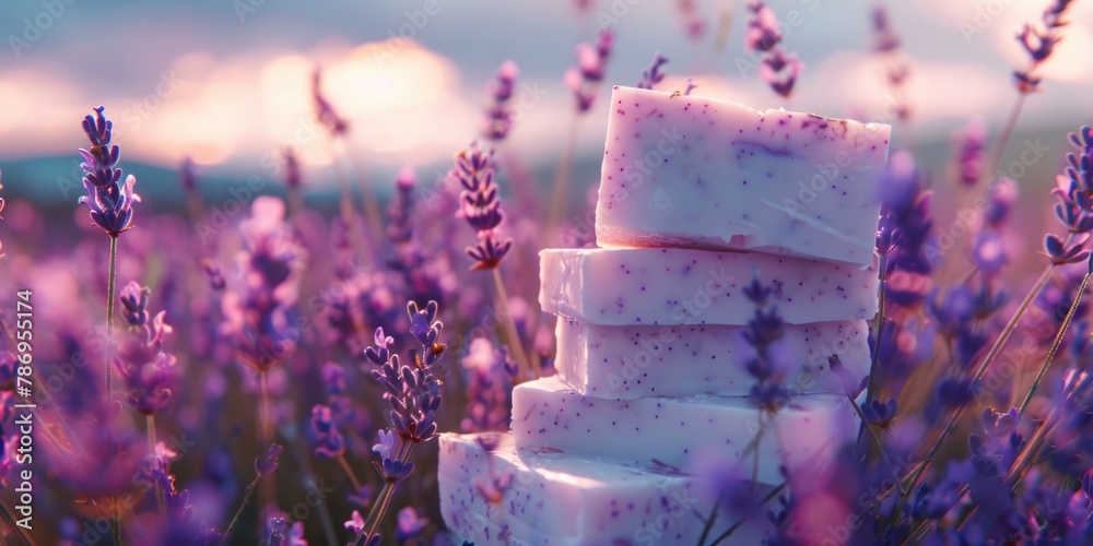 Poster lavender field with stack of soap bars. ideal for spa and relaxation concept