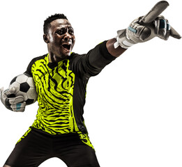 Fototapeta premium Young African man, football player, goalkeeper pointing away, playing isolated on transparent background. Concept of sport, game, competition, tournament, active lifestyle