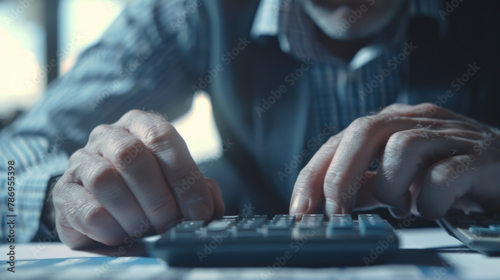 Poster Close up of a person typing on a keyboard, ideal for technology concepts