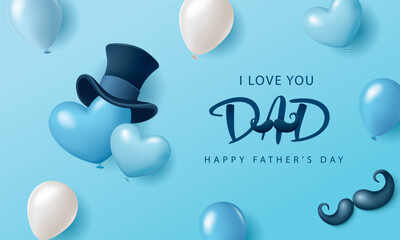 Happy Father's Day banner with heart-shaped balloons on blue background. Vector illustration for poster, greeting card, shop, invitation, discount, sale, flyer, decoration.