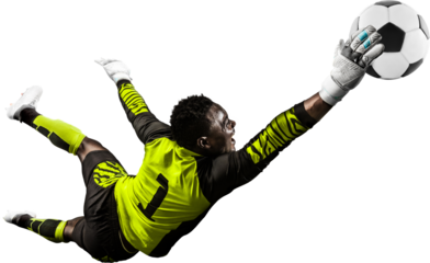 Young African man, football player, goalkeeper catching ball in jump and falling down during game isolated on transparent background. Concept of sport, game, competition, tournament, active lifestyle