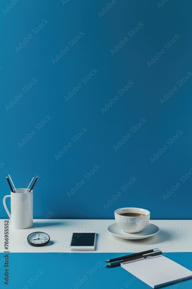 Poster a cup of coffee and a cell phone on a table. suitable for business and technology concepts