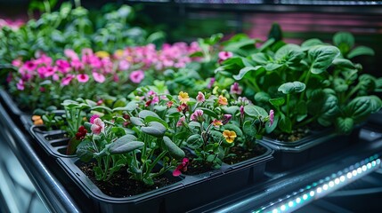 Fototapeta na wymiar Cultivating indoor seedlings under broad-spectrum LED lights with plants resting on shelves.