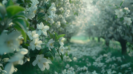 A path through a field of white flowers