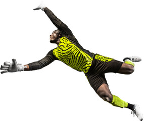 Dynamic image of young African man, football player, goalkeeper catching ball in jump during game isolated on transparent background. Concept of sport, game, competition, tournament, active lifestyle - Powered by Adobe