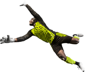 Dynamic image of young African man, football player, goalkeeper catching ball in jump during game isolated on transparent background. Concept of sport, game, competition, tournament, active lifestyle