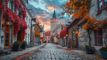 Picturesque autumn sunrise illuminates a cobblestone street lined with historic buildings and vibrant fall foliage in the quaint old town. - obrazy, fototapety, plakaty