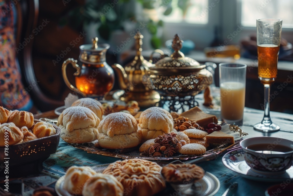 Poster a table filled with various food and drink items. suitable for restaurant menus or party invitations