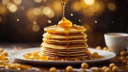 Close-up high-resolution image of a delicious pancake with fresh and natural honey drops.