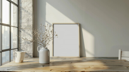 A sleek, minimalist living room showcases a white empty framed artwork against a backdrop of modernity, complemented by a wooden table adorned with a pristine white ceramic vase