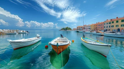 Fotobehang Captivating view of a serene marina in Piran featuring aligned boats and vibrant buoys under a clear blue sky, perfect for travel and tourism themes. © AS Photo Family