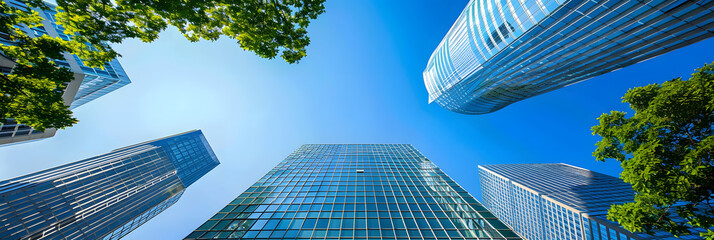 Sustainable green building. Eco-friendly building. Sustainable glass office building. Corporate building. Skyscraper building with clear blue sky. Buildings are tall and has a modern design - obrazy, fototapety, plakaty