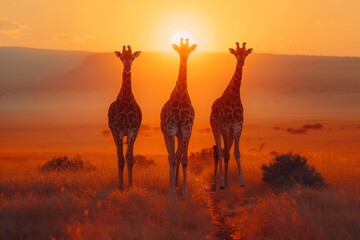 Three giraffes graze in a grassland at sunset, under the colorful sky