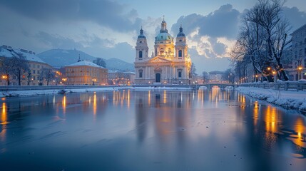 Serene winter evening capture of St. Charles's Church at Karlsplatz in Vienna. The scene shows snow-covered grounds and a softly glowing skyline reflected in the icy river.