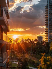 Photo of condominium during evening with sunset.