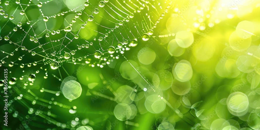 Poster close-up of a spider web with dew drops, suitable for nature themes