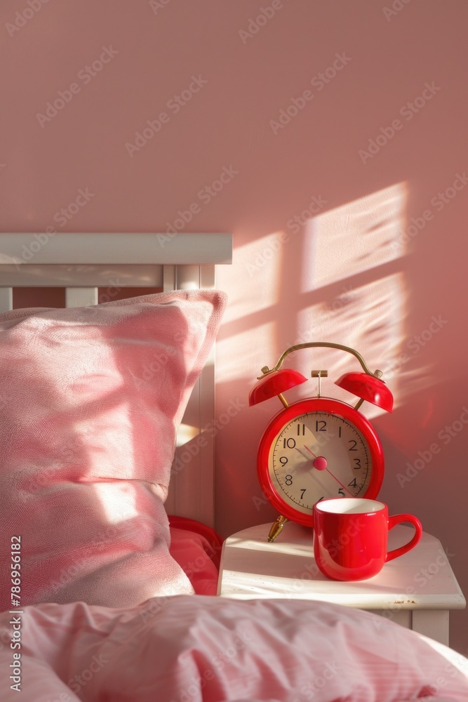 Aufkleber A red alarm clock resting on a bed. Suitable for time management concepts