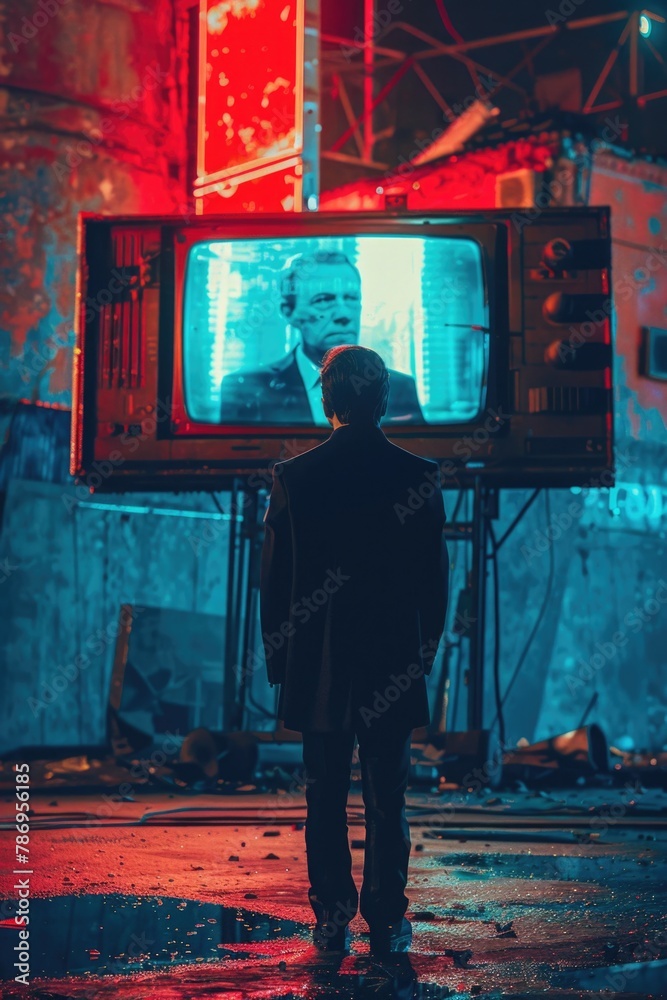 Aufkleber A man standing in front of a TV screen with a picture of a man on it. Suitable for technology and entertainment concepts
