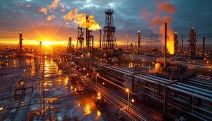 Fototapeta na wymiar Industrial landscape with smokefilled sky at dusk, city skyline in background