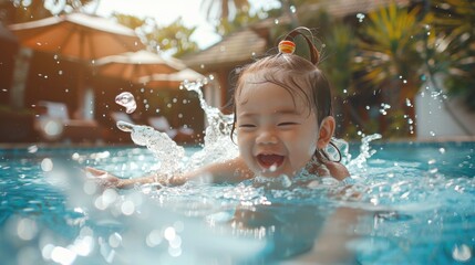 A young girl splashes water on her face in a pool. Suitable for summer and water activity concepts - obrazy, fototapety, plakaty