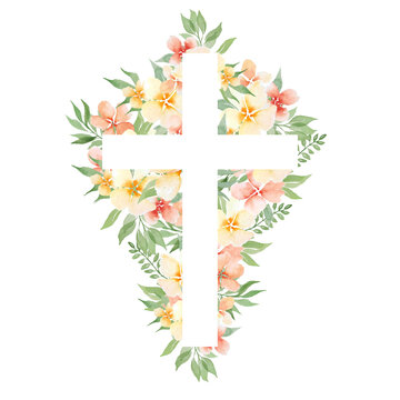 Watercolor Easter Cross with spring flowers