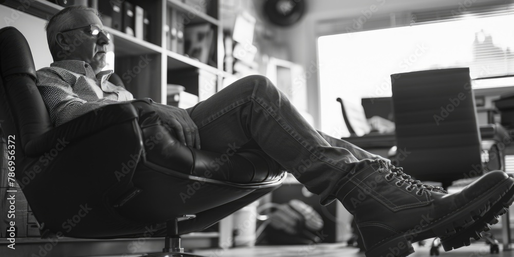 Poster man sitting in a chair talking on a cell phone, suitable for business and communication concepts