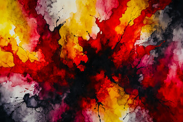 Abstract Painting Drawn With Alcohol Ink In Red And Black Color With Addition Of Yellow - obrazy, fototapety, plakaty