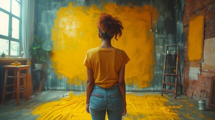 Young african american woman in a vibrant yellow shirt stands back, observing a freshly painted bright yellow wall in a stylish loft, reflecting on her DIY renovation project.