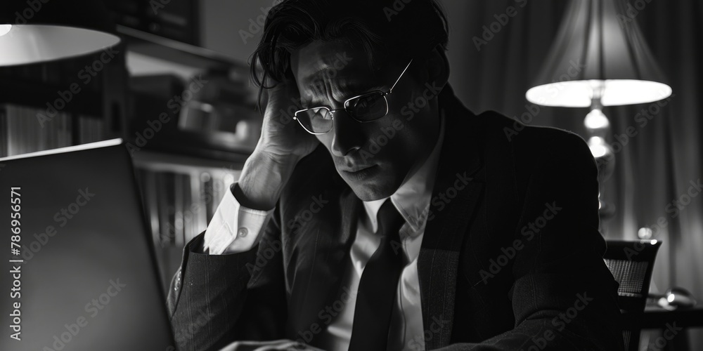 Poster a man in a suit and tie working on a laptop. suitable for business and technology concepts