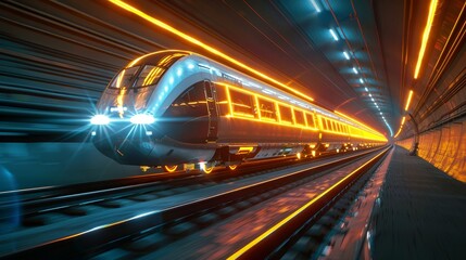 Fototapeta na wymiar A futuristic train decorated with neon lights runs inside a tunnel.