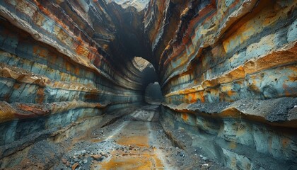 A natural landscape with a tunnel of rocks and a road cutting through it