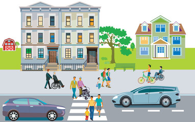 Stadtsilhouette mit Menschengruppen  im Wohnviertel, Illustration