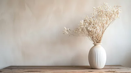 Foto op Aluminium A meticulously styled wooden table featuring a white ceramic vase overflowing with delicate dry spikelets, enhancing the contemporary vibe of the interior decor. © Awais