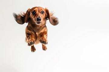 Happy and a little crazy brown dachshund jumping on camera. White isolated background . photo on...