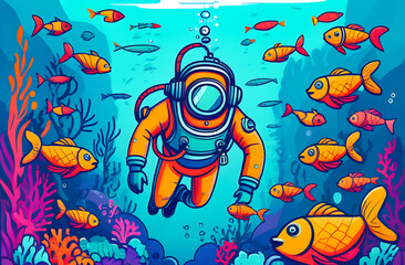 Fototapeta na wymiar man in a diving suit underwater among the fish