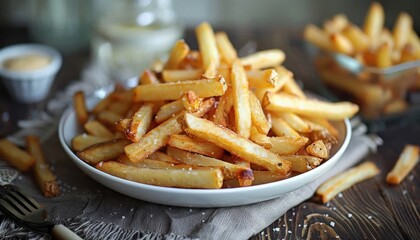French fries served on a white plate, a staple food made by deep frying potatoes - Powered by Adobe