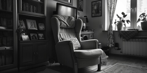 A black and white photo of a chair in a living room. Suitable for interior design concepts