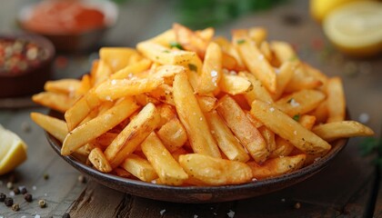 Closeup of French fries on wooden table, a staple fast food dish