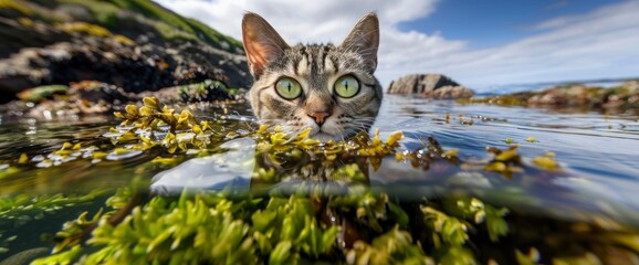 A cat's wide-eyed wonder at a sparkling tide pool, professional photography and light , Summer Background - obrazy, fototapety, plakaty