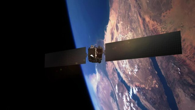 Communication Satellite Orbiting Around Planet Earth. Majestic Scene. Technology And Space Related 3D Animation.