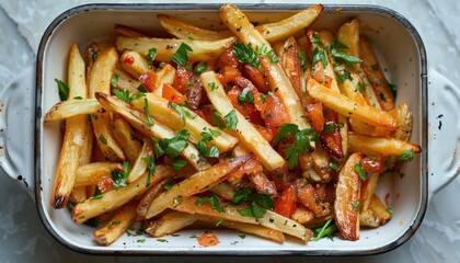 A staple food dish made with french fries and tomatoes in a white casserole dish