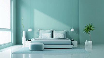 A minimalist bedroom with a serene palette of soft blues and greens, accented by pops of bold color and simple, modern furniture.