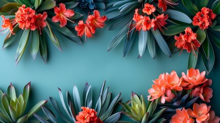 A unique composition of spiky agave plants and bright coral flowers, artfully placed on a seafoam green surface, highlighting the contrast and creating a visually striking tropical theme with negative