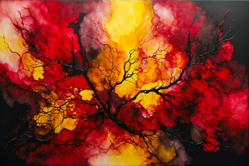 Abstract Painting Drawn With Alcohol Ink In Red And Black Color With Addition Of Yellow