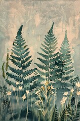 A watercolor illustration of a serene fern forest landscape. The green hues and botanical details create a peaceful and natural atmosphere, ideal for art prints and design projects.