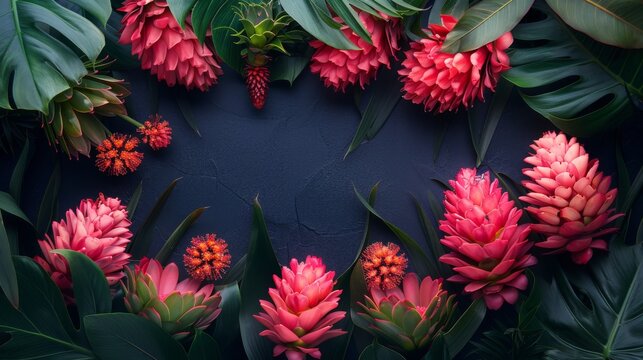 Vivid pink and red ginger flowers laid out across a dark chocolate background, creating a deep, luxurious tropical setting with significant negative space